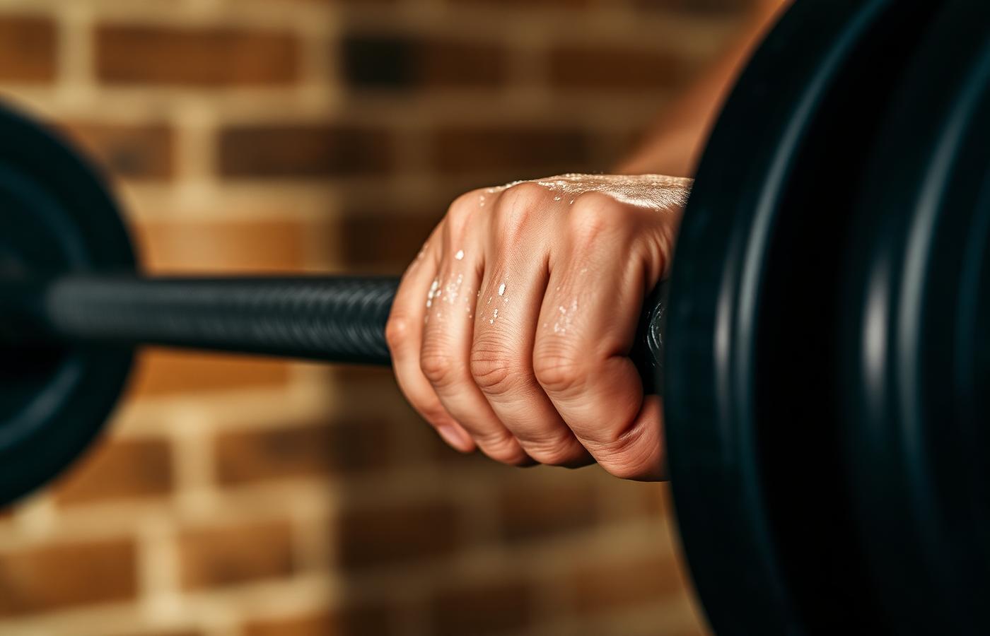 Chalked hands gripping a loaded barbell in warm light