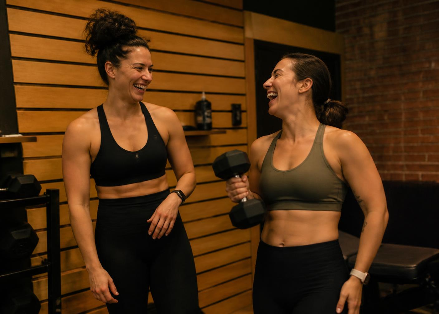Two women laughing together between sets in the studio
