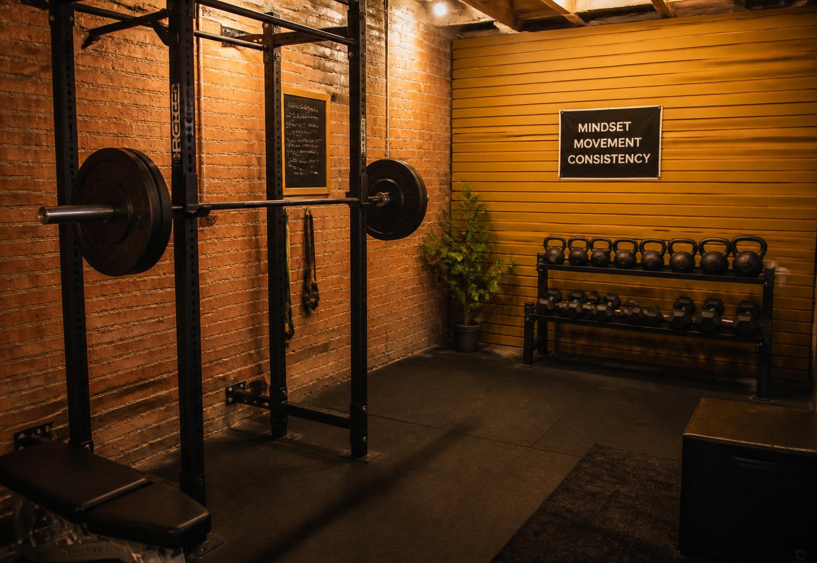 Private training studio with exposed brick, black rubber flooring, a mustard slat wall and a squat rack